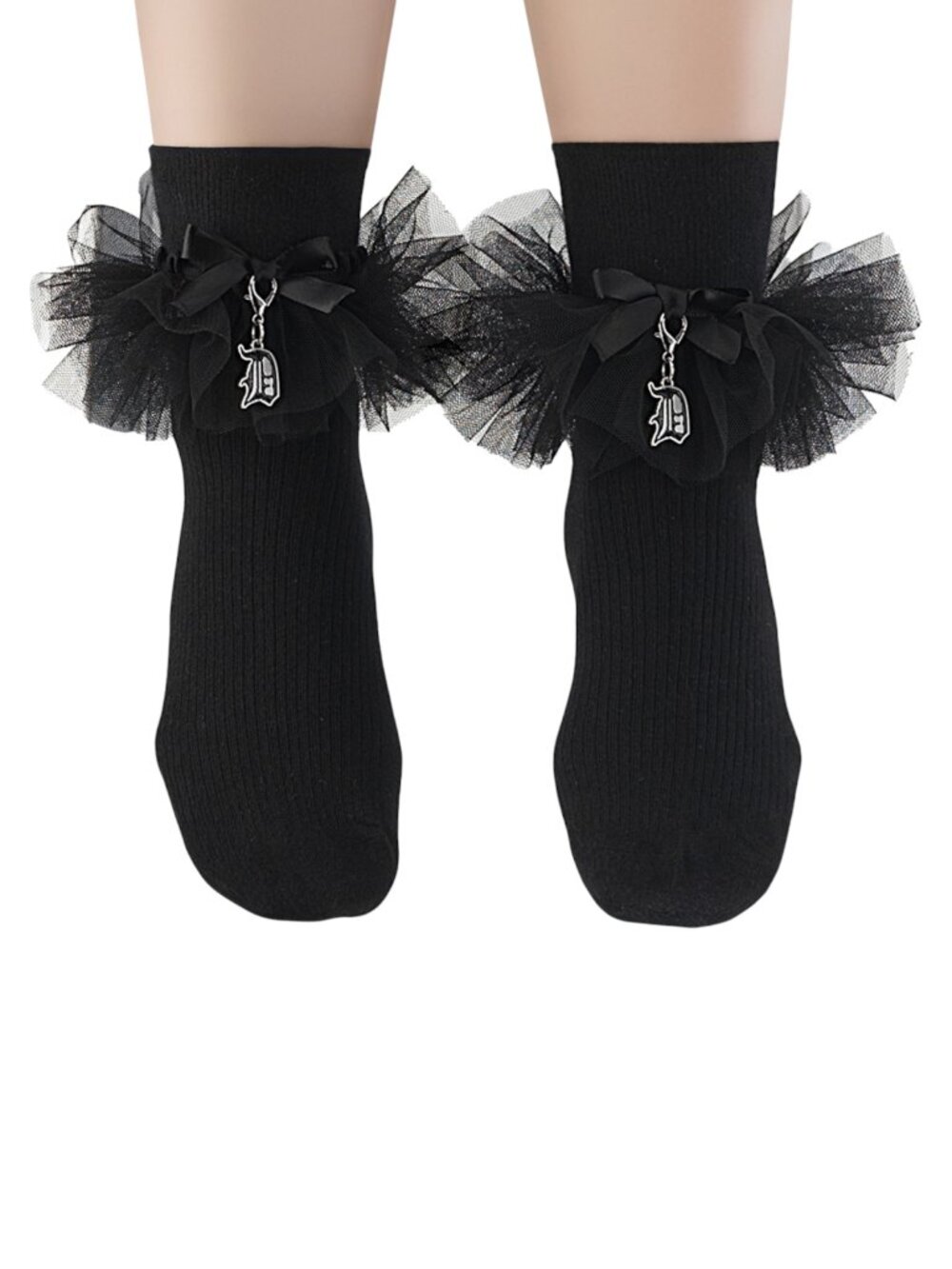 Demonia Black Ruffle Tulle Socks Whimsigoth D Charm Ankle Socks OS